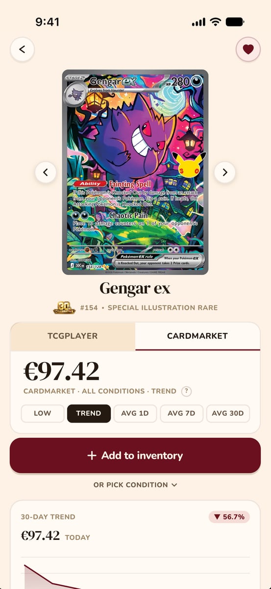 Snaptory showing a Gengar ex card with its market price of 97.42 euros and a 30-day trend