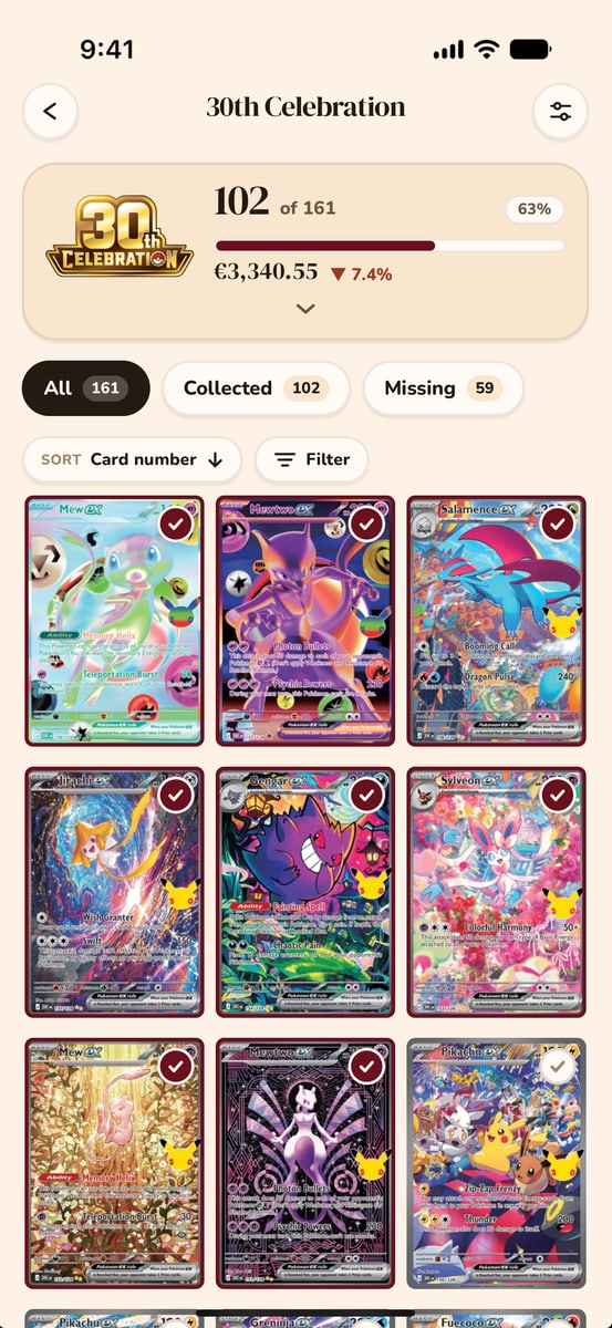 Inventory list with cards, conditions and total value