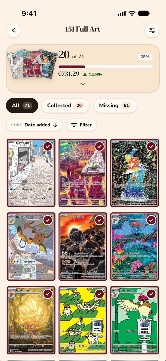 Custom collections shown as binders with progress
